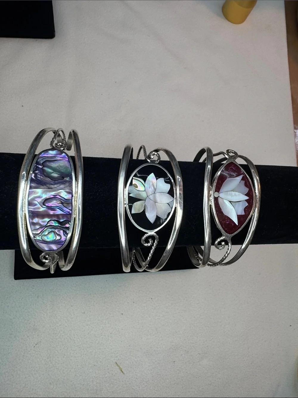 Silver-tone Abalone & Mother-of-Pearl Floral Cuff Bracelet - Purple